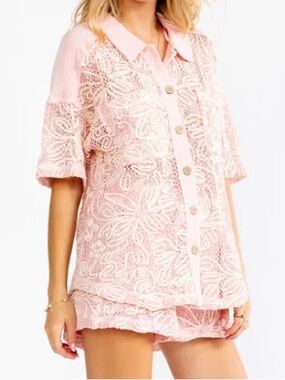 Boho NWT pink Lace Button-Up Short Sleeve Shirt and shorts set size S-M-L